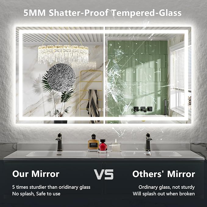 68x38 Inch LED Bathroom Mirror with Lights Front and Backlit Lighted Vanity Mirror for Bathroom Wall with 3 Colors Dimmable Anti-Fog Memory Shatter-Proof IP54 Waterproof Horizontal/Vertical