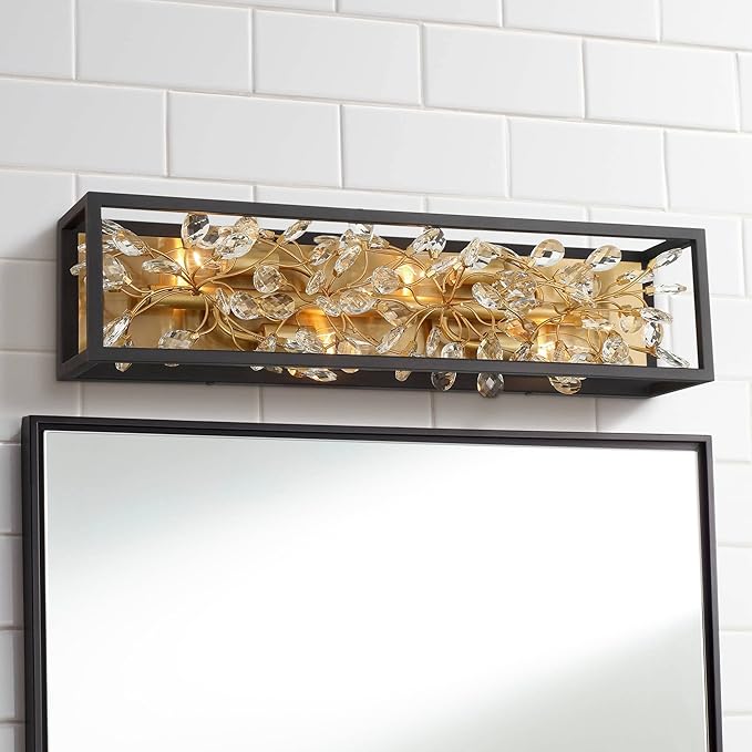 Possini Euro Design Carrine Modern Wall Lights Set of 2 Black Gold Plated Hardwired 6" 4-Light Fixture Clear Crystal Flower Vine for Bedroom Bathroom Vanity Reading Living Room Hallway House Home