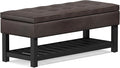 SIMPLIHOME Cosmopolitan 44 inch WideTransitional Rectangle Storage Ottoman Bench with Open Bottom in Distressed Brown Vegan Faux Leather, Assembled for the Living Room and Bedroom