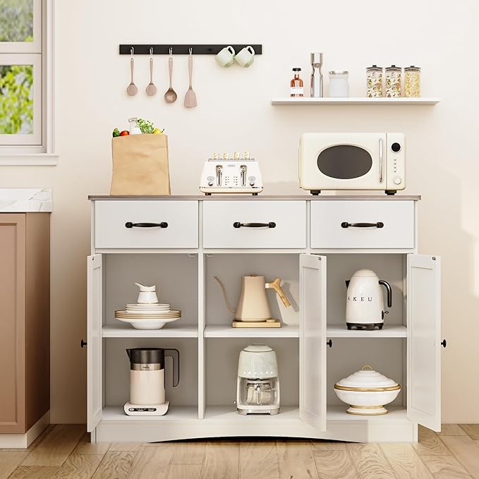 Gizoon Farmhouse Sideboard Buffet Cabinet, 42.5'' Kitchen Storage Cabinets with 3 Drawers and Barn Doors, Wood Coffee Bar Cabinet with Adjustable Shelf for Kitchen, Dining Room, Living Room, Grey