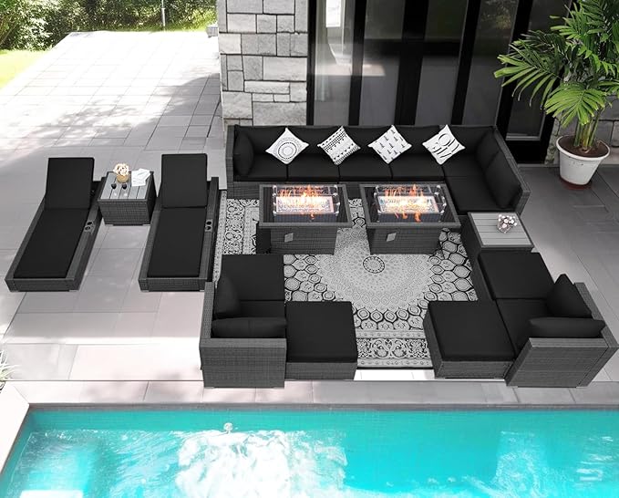 NICESOUL 18 Piece Outdoor Sectional with Chaise Lounge and Firepit, Extra Large 14-Person Patio Furniture with Fireplace and Lounger, Non Fading All Weather Outdoor Sofa Conversation Couch, Grey&Black