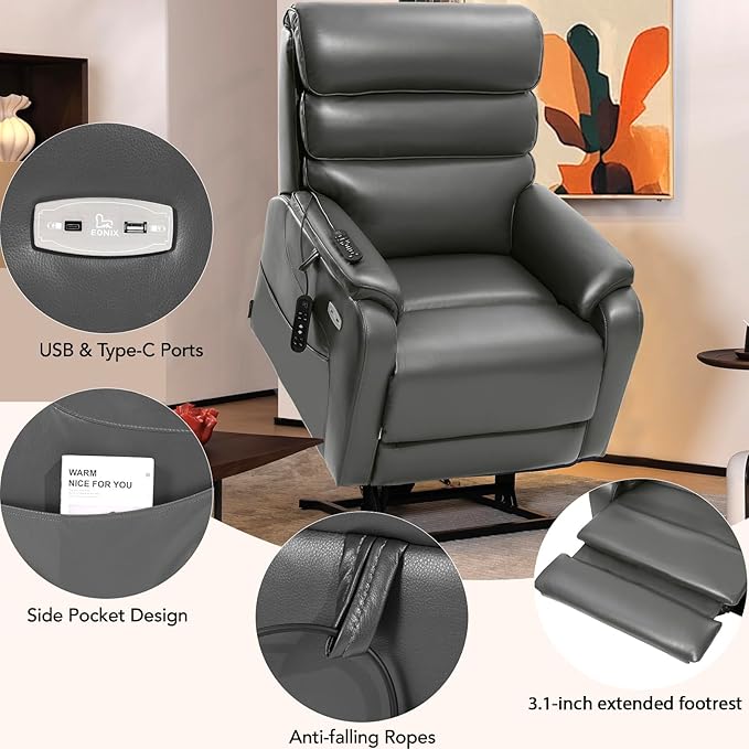 EONIX Wide Lay Flat Power Lift Recliner Chair for Elderly, Heavy Duty Oversized Breathable Faux Leather Lift Chairs Recliner Sofa with Heat and Massage and Charging Ports, Grey