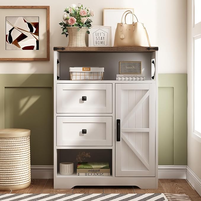 Fameill White Farmhouse Storage Cabinet with 2 Drawers & Shelves,Freestanding Kitchen Cabinet with Doors,Floor Storage Organization for Living Room,Bathroom,Laundry