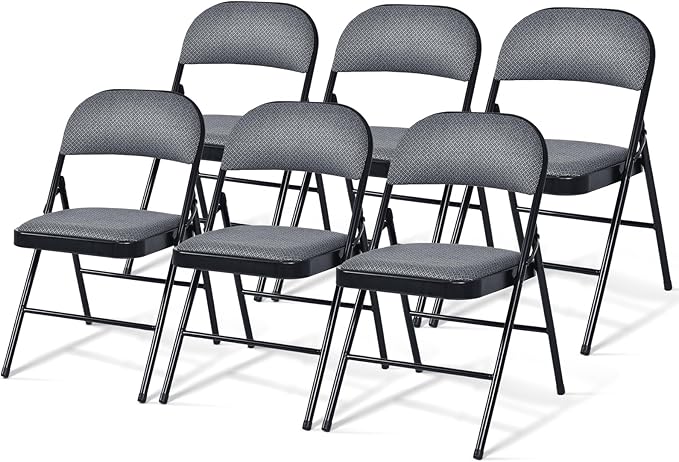 GOFLAME 6 Pack Folding Chairs, Fabric Dining Chair Set with Padded Seat & Metal Frame, Indoor Outdoor Upholstered Commercial Seat for Home Office Events Wedding Party, Grey & Black