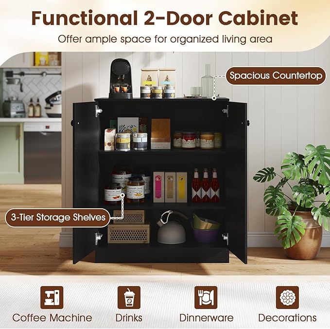 GOFLAME Floor Storage Cabinet with 2 Doors, Freestanding Accent Storage Cabinet Organizer with 3-Tier Inner Shelves, Modern Sideboard Buffet Cabinet for Kitchen, Living Room, Entryway, Black