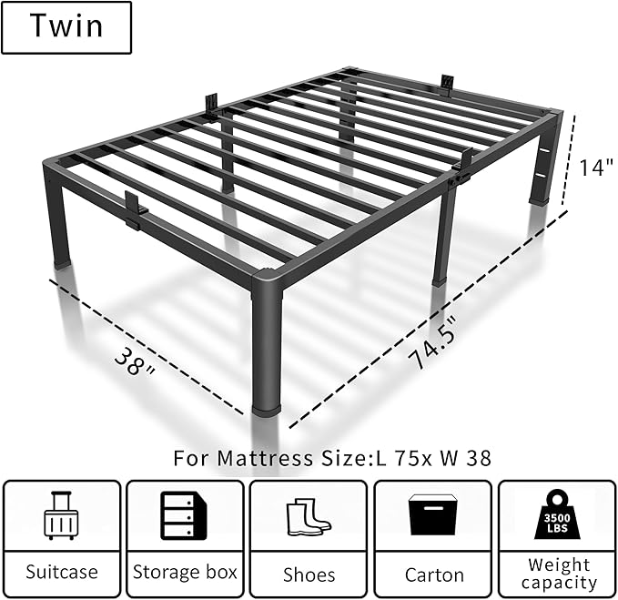 ROIL 14 inch Twin Bed Frames with Headboard Hole and Round Corner Legs Mattress Retainers 3500LBS Heavy Duty Steel Slats No Box Spring Needed Platform Noise-Free Easy Assembly
