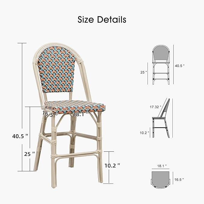 PURPLE LEAF French Counter Height Bar Stool Set of 4 25" White Print Finish Patio Chairs with Back Rattan Bar Chairs French Bistro Set for Kitchen Outdoor Counter Stool Colorful