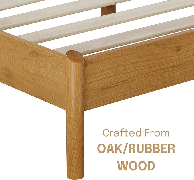 NTC Gem Wooden Bed Frame with Headboard and Natural Rattan, Solid Oak/Rubber Wood Foundation with Silent Slats, 1000 Lb Capacity, Effortless Assembly (Natural Cane - Rustic Oak, Queen)