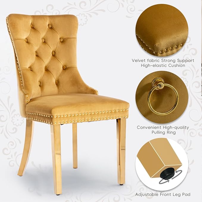 Velvet Upholstered Dining Chairs Set of 8, Modern Style Kitchen Side Chairs with Nailhead Trim and Gold Plated Leg, Metal Pulling Ring for Dining Room Living Room(Gold-Gold Plated Leg)