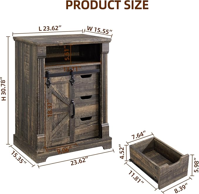 Bathroom Floor Cabinet, Farmhouse Storage Cabinet with Sliding Barn Door, Small Storage Cabinet with Drawer for Bathroom, Kitchen, Living Room, Rustic Style Cabinet (Dark Rustic Oak)