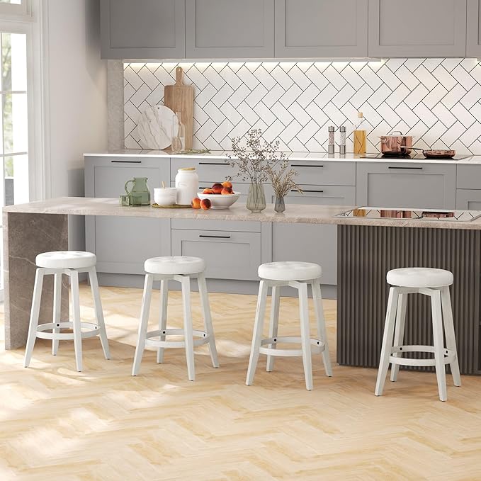 COSTWAY 360° Swivel Bar Stools Set of 2, 30-inch Height Vintage Upholstered Rubberwood Backless Bar Chairs with Footrest, Retro Kitchen Counter Stools for Kitchen Island Dining Room Home Bar, White