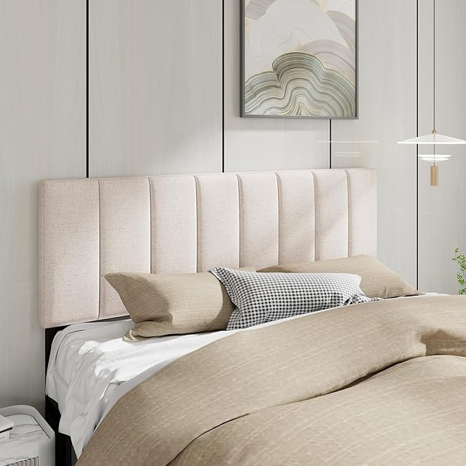 Giantex Linen Upholstered Headboard, Adjustable Width Vertical Channel Tufting Headboard Only with Solid Wood Legs, Attach Frame, Rectangular Headboards for Queen Full Bed, Beige