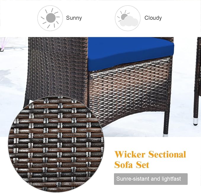 COSTWAY 4PCS Rattan Patio Furniture Set, Outdoor Wicker Rattan Chairs with Coffee Table, Rattan Cushioned Conversation Set for Backyard Balcony Porch Poolside, Navy