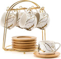 LUKA Ceramic Espresso Cups with Saucers and Metal Stand, Small 4 oz Porcelain Demitasse Cups Set of 6, Cute Cappuccino Coffee Cups for Double Espresso, Tea, Marbling White