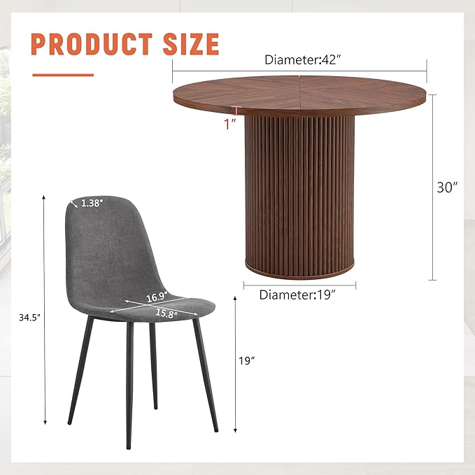 Round Dining Table Set for 6 with Storage, 42" Round Dining Table with 6 Fabric Chairs, 7 Piece Kitchen Table Chairs Set of 6 with Thick Wood Top, Roman Column Pedestal, Space-Saving