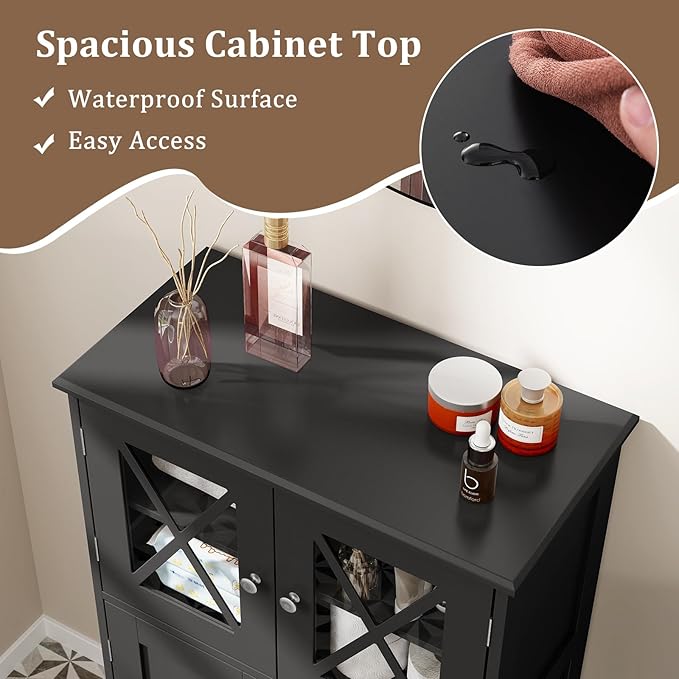 Giantex Bathroom Floor Storage Cabinet - Linen Floor Cabinet with Doors and Adjustable Shelves, Freestanding Side Storage Organizer for Bathroom, Living Room, Entryway, Kitchen Storage Unit (Black)