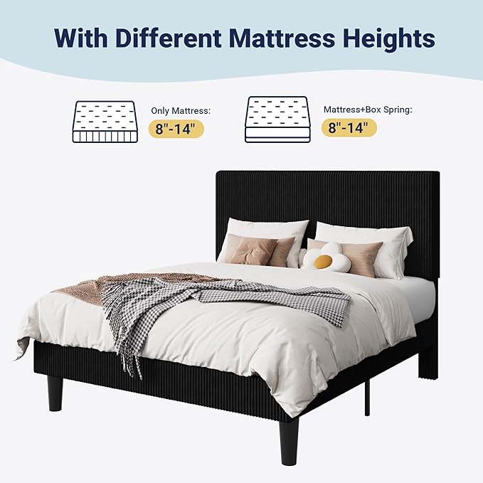 Allewie Full Size Upholstered Bed Frame with Vertical Channel Tufted Headboard, Soft Corduroy Fabric Platform Bed, Strong Wooden Slats Support, Easy Assembly, No Box Spring Needed, Black
