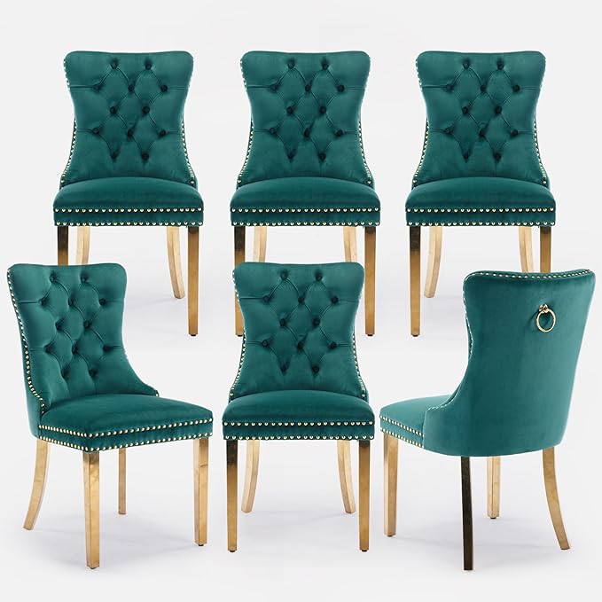 Velvet Upholstered Dining Chairs Set of 6, Modern Style Kitchen Side Chairs with Nailhead Trim and Gold Plated Leg, Metal Pulling Ring for Dining Room Living Room(Green,Set of 6)