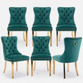 Velvet Upholstered Dining Chairs Set of 6, Modern Style Kitchen Side Chairs with Nailhead Trim and Gold Plated Leg, Metal Pulling Ring for Dining Room Living Room(Green,Set of 6)