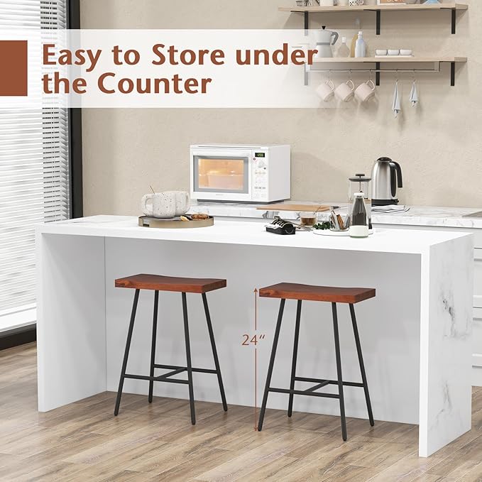 COSTWAY Industrial Bar Stools, 24-inch Backless Counter Height Saddle Stools with Footrest, Metal Legs, Adjustable Foot Pads, Barstools for Kitchen Island Cafe Restaurant, Walnut+Black (Set of 2)