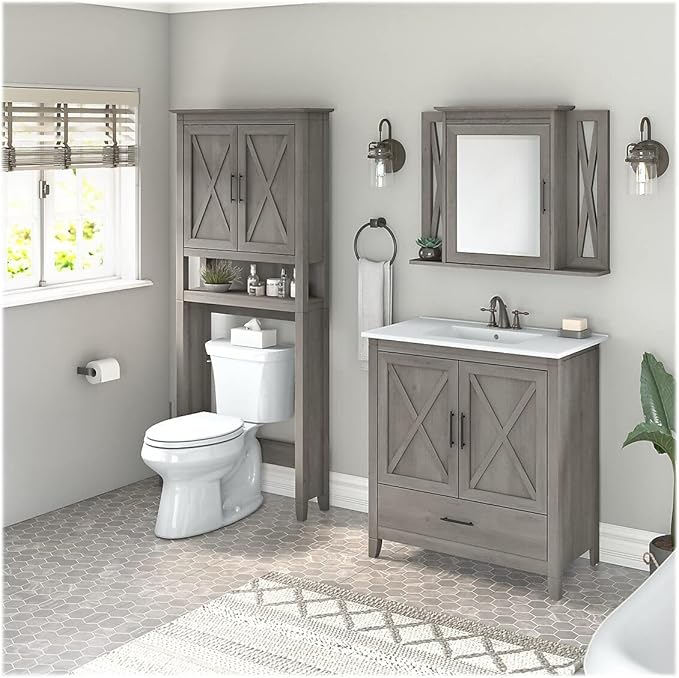 Bush Furniture Key West 32W Bathroom Vanity Sink with Mirror and Over The Toilet Storage Cabinet in Driftwood Gray