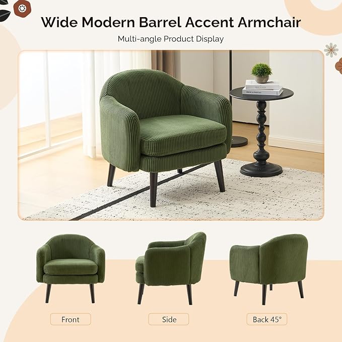 VINGLI 30.3" Wide Modern Barrel Accent Armchairs Set of 2 with Track Armrest, Solid Wooden Legs, Comfy Upholstered Club Chairs, Single Home Sofa for Living Room, Bedroom, Reading Room, Corduroy Green