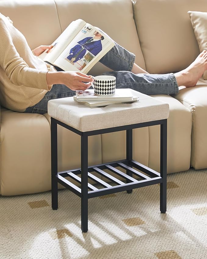 IBUYKE Rectangular Makeup Stool with Adjustable Feet and Storage Space, Footrest Chair, Linen Seat Vanity Stool, Multi-Use as Small Side Table or Ottoman, for Bedroom, Linen WBD017Y