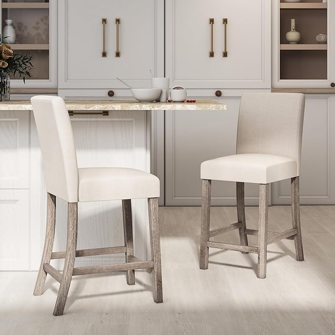 COSTWAY Upholstered Counter Height Stools Set of 4, Bar Stools w/Ergonomic Backrest, Solid Wood Frame, 24.5” Fabric Counter Height Chairs for Kitchen Island, Dining Room, Pub (Beige)