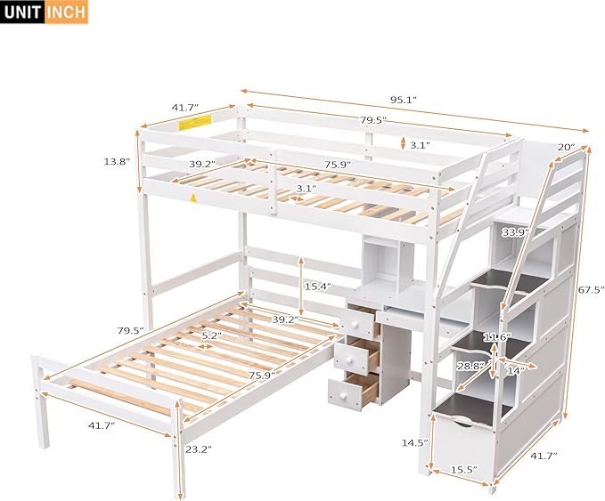 Twin Size Solid Wood Loft Bed with Storage Staircase and Desk, Bedroom Multifunctional Separable Bed Frame w/Shelves & Drawers,No Box Spring Needed,for Adult Kid Boy Girl,White