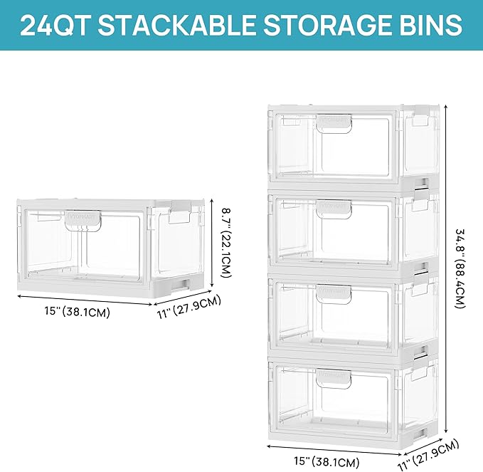 Vtopmart 8 Pack Clear Stackable Storage Bins with Lids 24QT, Foldable Storage Boxes with Doors Open Front, Plastic Closet Organizer for Craft, Toys, Pantry Organization