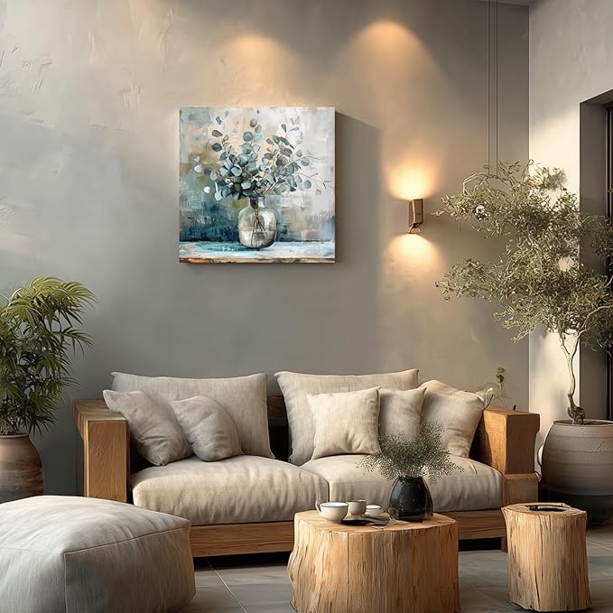 Framed Eucalyptus Leaf Wall Art, Sage Green Botanical Canvas Print, Rustic Farmhouse Bathroom Wall Decor, Soft Blue Floral Aesthetic Picture for Bedroom living Room 12x12 inch