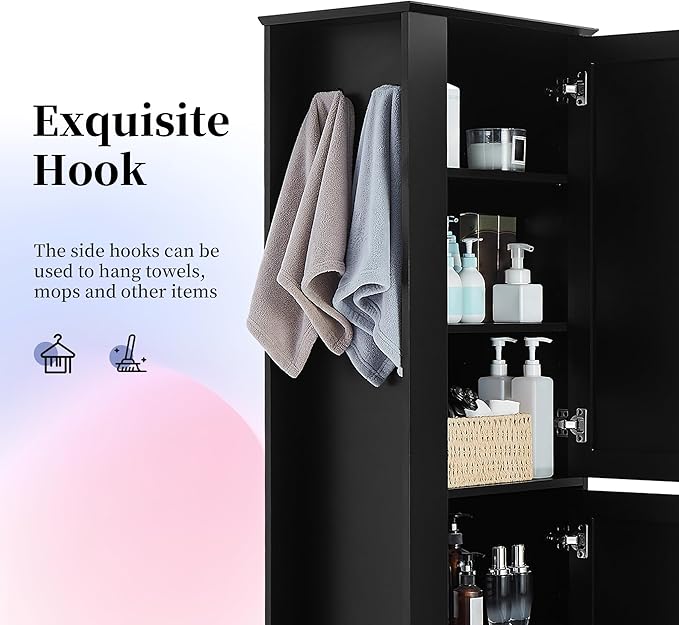 Tall Freestanding Storage Cabinet, Multi-Purpose Floor Organizer with 2 Doors, Hook and Adjustable Shelf for Bathroom, Office, Black