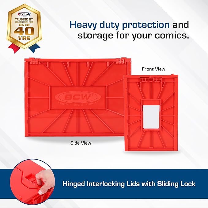 BCW Short Comic Book Bin | Holds 150 Comics | Stackable Plastic Storage | Acid-Free Organizer | Red, 5 Pack