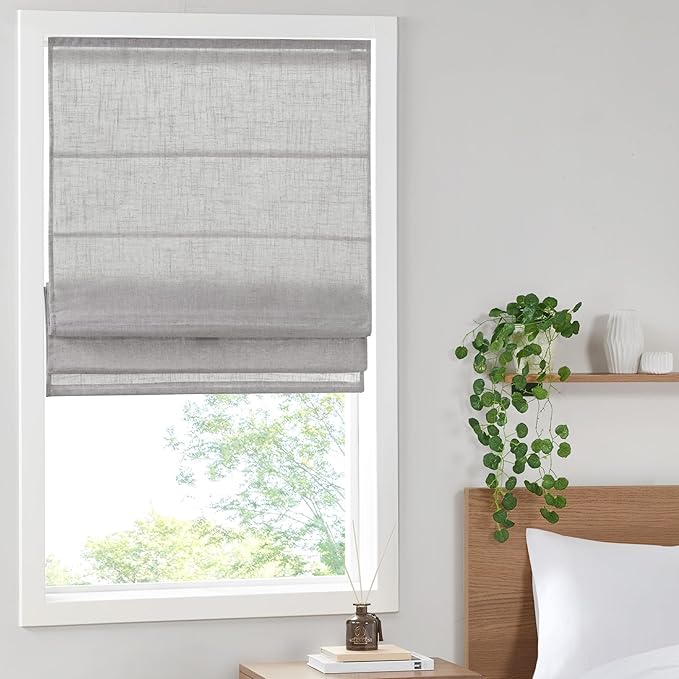 Madison Park Kyler Cordless Roman Shades - Single Panel, Lightweight Linen Blend Fabric, Natural Design, Easy Installation, Light Filtering Window Blind, Bedroom, Living Room Decor 34" W x 64" H Grey