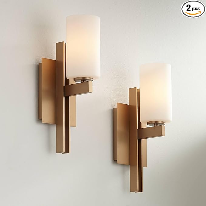 Possini Euro Design Ludlow Modern Wall Light Sconces Set of 2 Burnished Brass Gold Hardwired 4 1/2" Fixture Frosted White Glass Shade for Bedroom Bathroom Vanity Living Room Home Hallway Dining