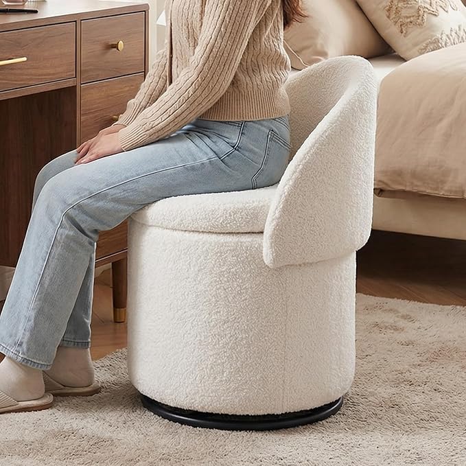 LukeAlon Sherpa Makeup Ottoman with Storage, Upholstered 360° Swivel Vanity Stool with Foldable Backrest Modern Cylindrical Footrest Stool for Living Room Bedroom, White