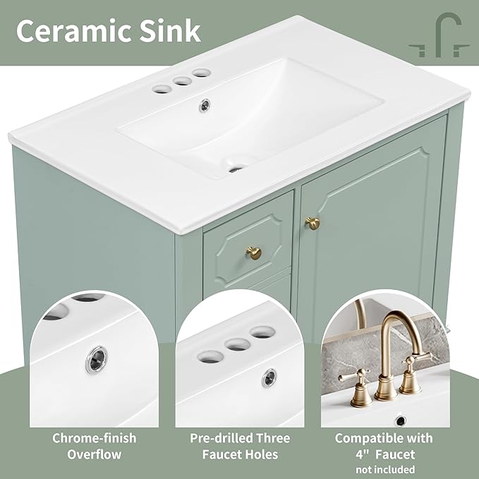 Bathroom Vanity with Ceramic Sink 30 inch, Multi-Functional Storage Cabinet with Drawers and Door Shelf, Solid Wood Frame, Soft-Closing Door, Light Green