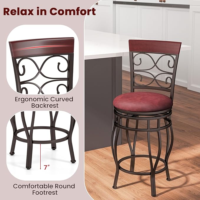 Giantex 26" Swivel Bar Stools Set of 2, Counter Height Bar Stools w/Back, Upholstered PU Leather Seat, Footrest, Max Load 330Lbs, Vintage Metal Barstools for Kitchen Island, Dining Room, Rustic Brown