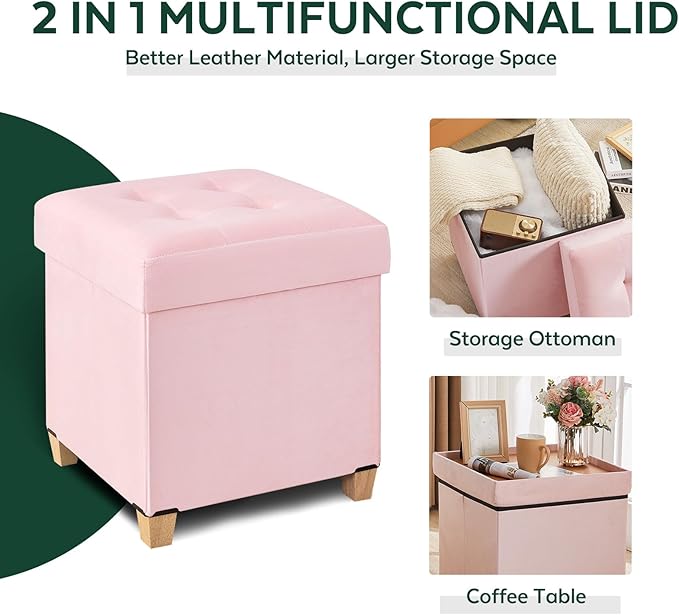 17.7" Ottoman with Storage, Square Storage Ottoman for Dorm, Velvet Ottomans with Legs for Living Room, Bedroom, Pink