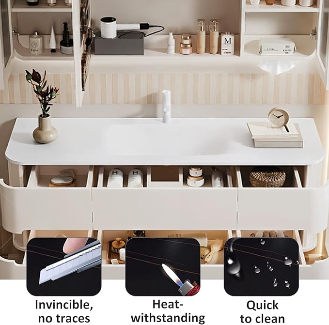 56IN Bathroom Vanity - Bathroom Vanity with Sink with Intelligent Induction Light | Wall-Mounted Bathroom Vanity with Intelligent LED Mirror Cabinet & 6 Drawers, Cream Color