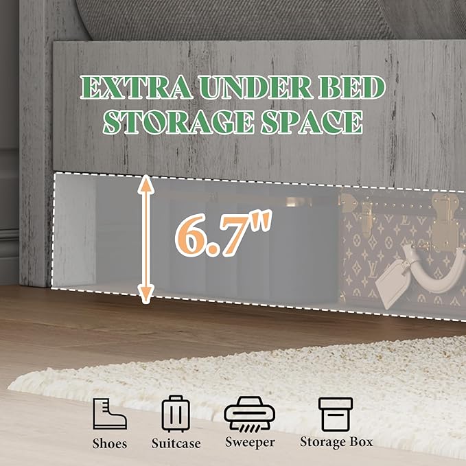 AMERLIFE Queen Size Wood Bed Frame, Rustic 51.2" Platform Bed with Spliced Headboard, Wood Slats Support/Noiseless/No Box Spring Needed, Antique White