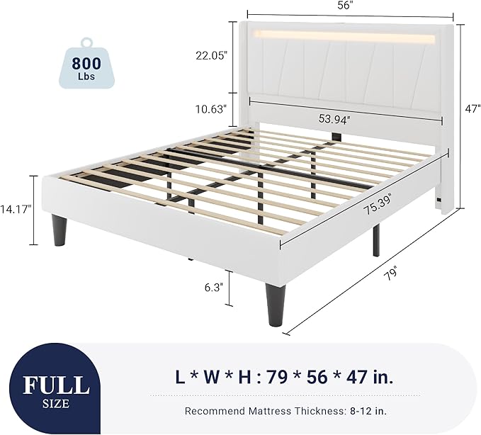 Allewie Full Size LED Bed Frame with Charging Station, Velvet Upholstered Platform Bed with Geometric Wingback Headboard, Modern Frame with No Box Spring Needed, Easy Assembly, White
