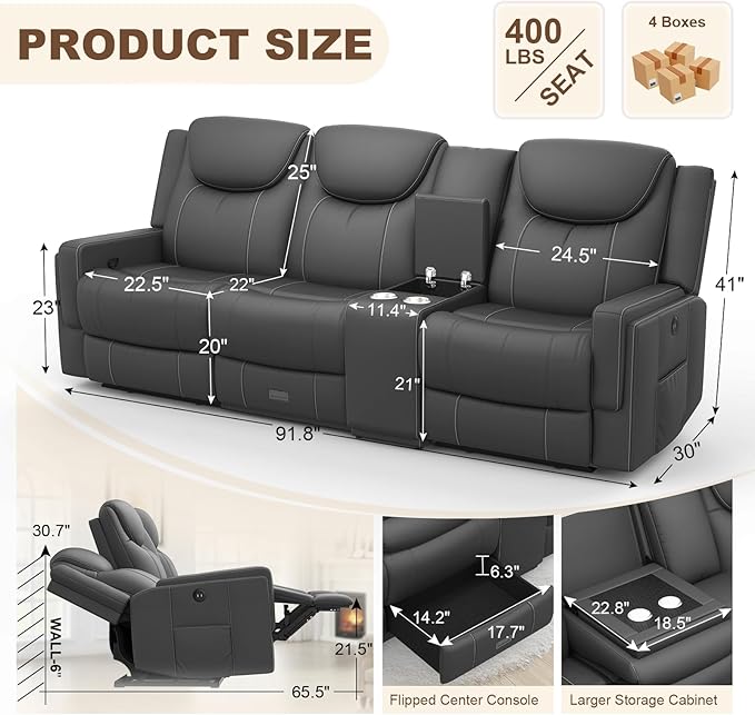 Recliner Sofa, 2 - Way Multi - Function Manual 3 Seater Couch with Cup Holders, Storage & USB Ports, Modern Multifunctional Sofa, Breathable Grey PU Leather Reclining Couch for Living Room