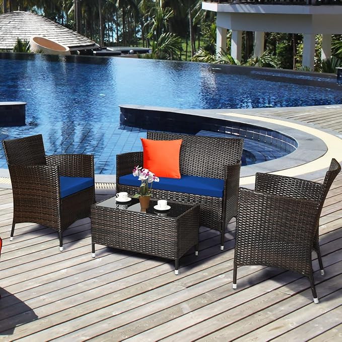 COSTWAY 4PCS Rattan Patio Furniture Set, Outdoor Wicker Rattan Chairs with Coffee Table, Rattan Cushioned Conversation Set for Backyard Balcony Porch Poolside, Navy