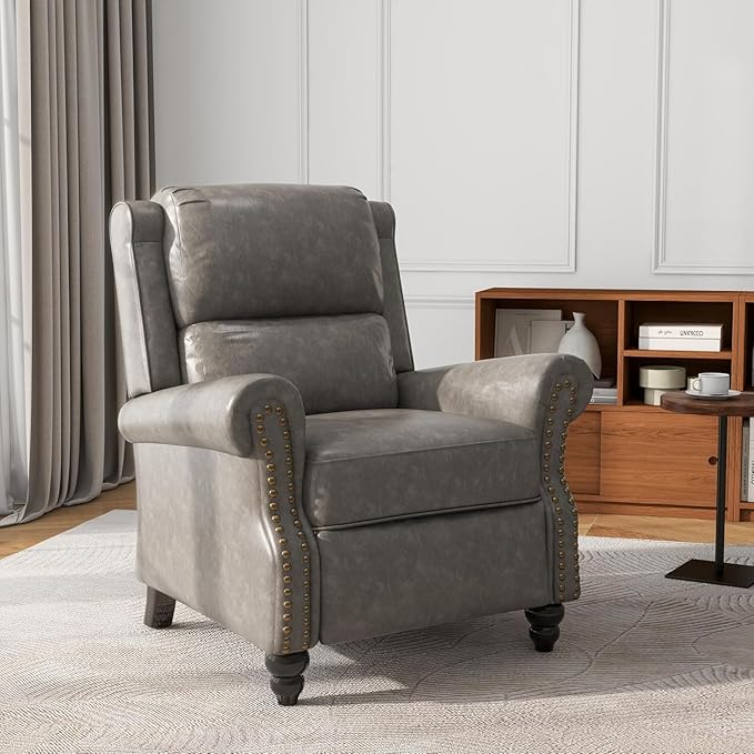 UIXE PU Leather Pushback Recliner Chairs Set of 2, Overstuffed Armchair Push Back Accent Chair for Living Room, Rivet Trim Club Chair Home Theater Single Sofa Bedroom Side Reading Seat - Gray