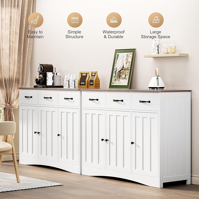 Gizoon Farmhouse Sideboard Buffet Cabinet, 42.5'' Kitchen Storage Cabinets with 3 Drawers and Barn Doors, Wood Coffee Bar Cabinet with Adjustable Shelf for Kitchen, Dining Room, Living Room, Grey