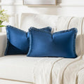 FUTEI Navy Blue Velvet Decorative Throw Pillow Covers 12x20 Set of 2,Soft Cozy Edge with Tassels Lumbar Pillow Cases,Boho Modern Home Decor for Couch Bed Living Room