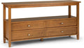 SIMPLIHOME Warm Shaker Wide Console Table - 60 Inch Wide Solid Wood Sofa Table in Light Golden Brown, Transitional Storage for Living Room with 4 Drawers, Open Shelf, and Brushed Nickel Knobs