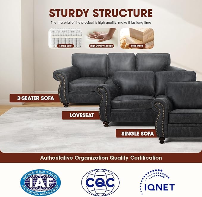Living Room Furniture Sets,Sofa Sets and Couch Sets for Living Room,Mid-Century Vintage Sofa Couches with Rivet Design (Grey, Single+Loveseat+3 Seater)