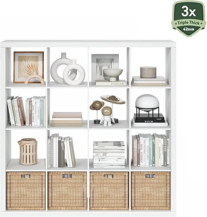 Furinno Cubicle Book Shelf, 16-Cube Bookshelf, Triple Thick Frame Cube Storage Organizer, Bookcase, 15.4 x 57.4 x 56.9, for Home Office, Living Room, Plain White